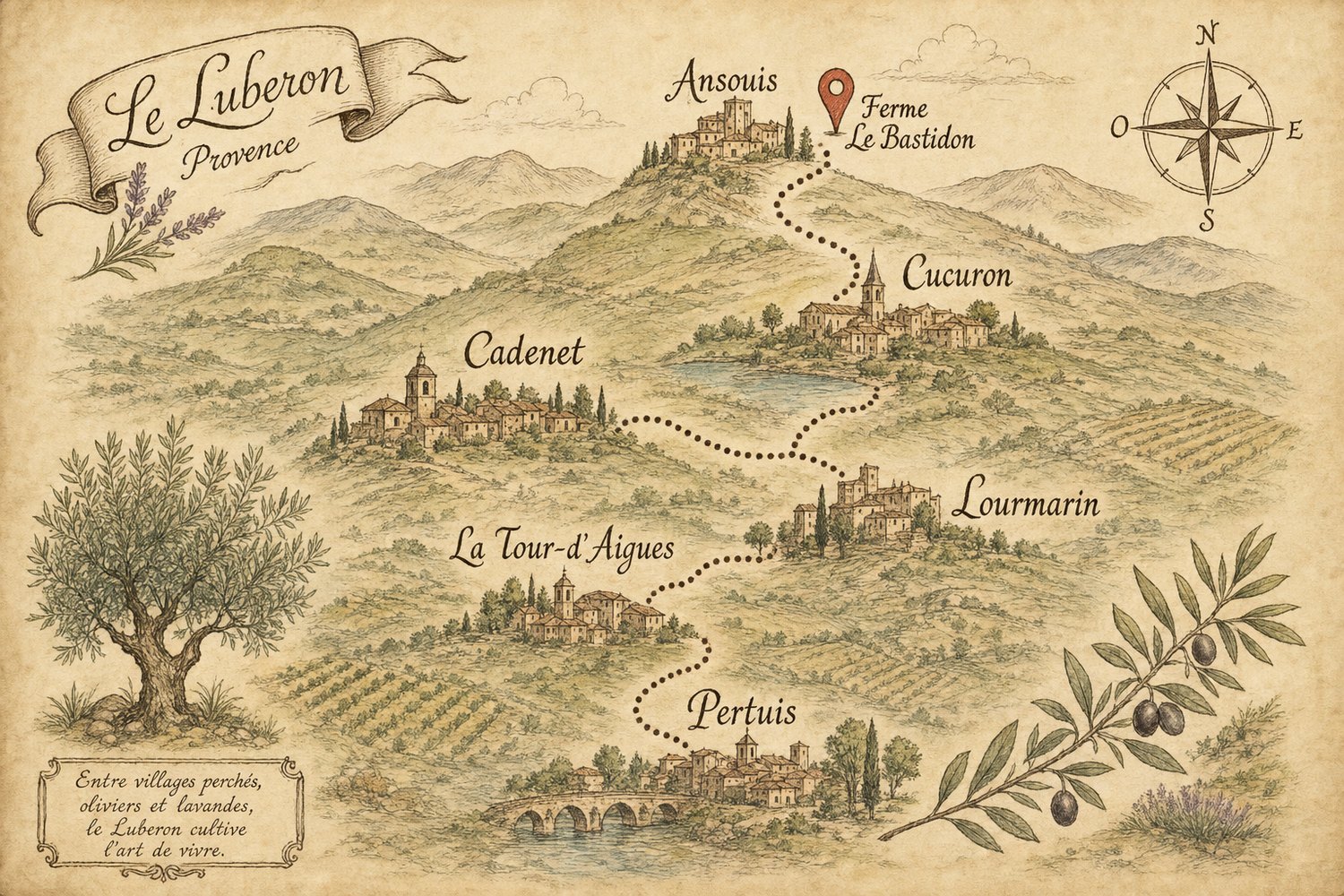 Carte illustrée du Luberon : la Ferme Le Bastidon près d’Ansouis, entre Cucuron, Cadenet, Lourmarin, La Tour-d’Aigues et Pertuis.