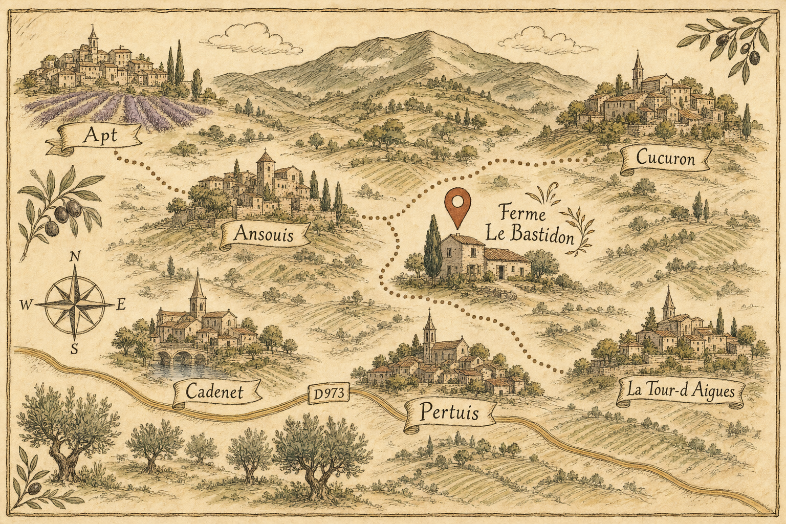 Carte illustrée du Luberon situant la Ferme Le Bastidon, près d'Ansouis, entre Cadenet, Pertuis et Apt